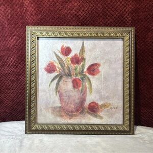 Framed Art  "Tulip Essence" By Artist Joyce Combs. Red Tulips. Signed 14.5x14.5”